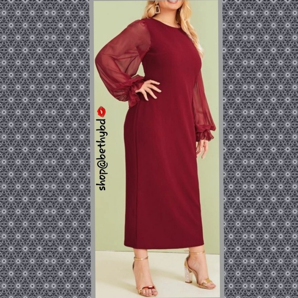Cranberry Red💼  5🌟rated Dress w/ sheer bishop sleeve! Last One! - Picture 3 of 6